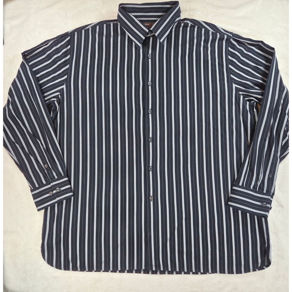 Perry Ellis Mens Striped Button Down Shirt XXL Black Blue White 100% Cotton